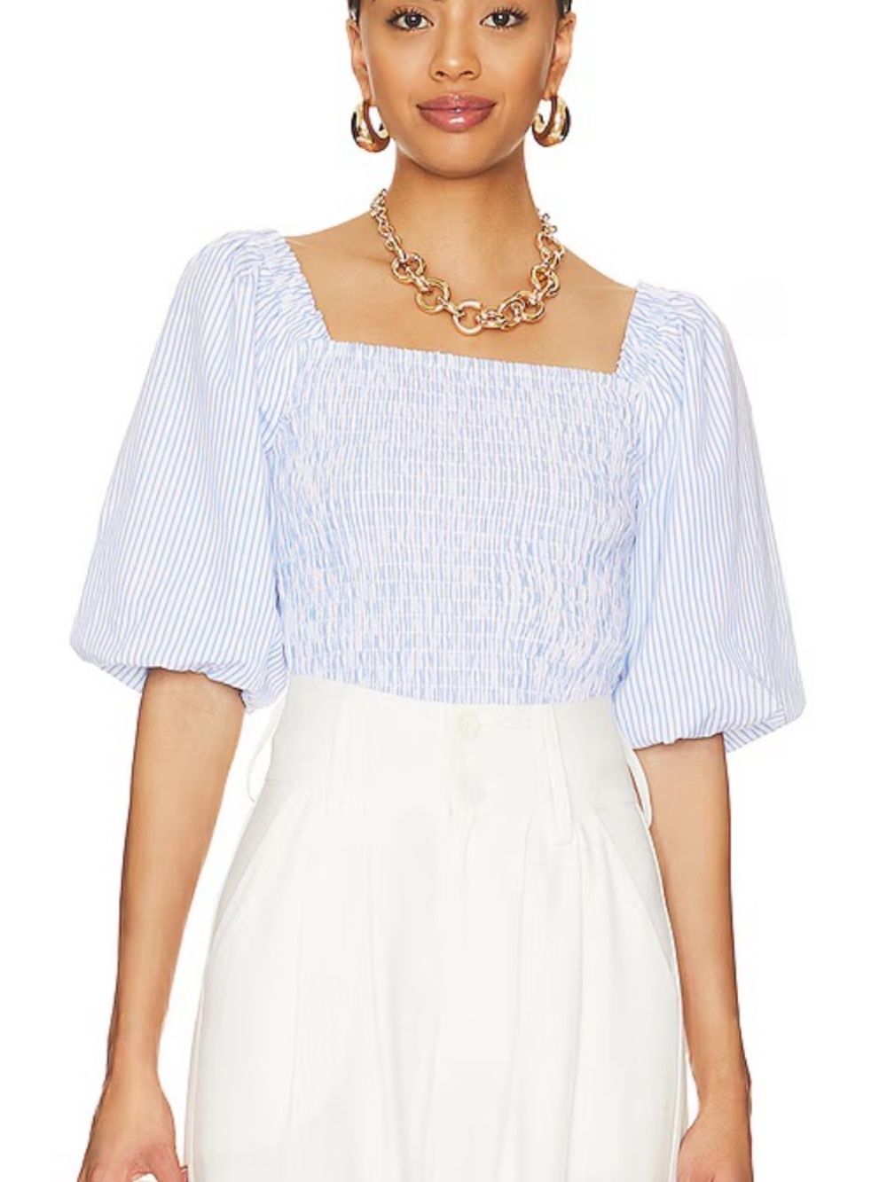 Steve Madden Susana Top Blue White Stripe Smocked Puff Sleeve Size S